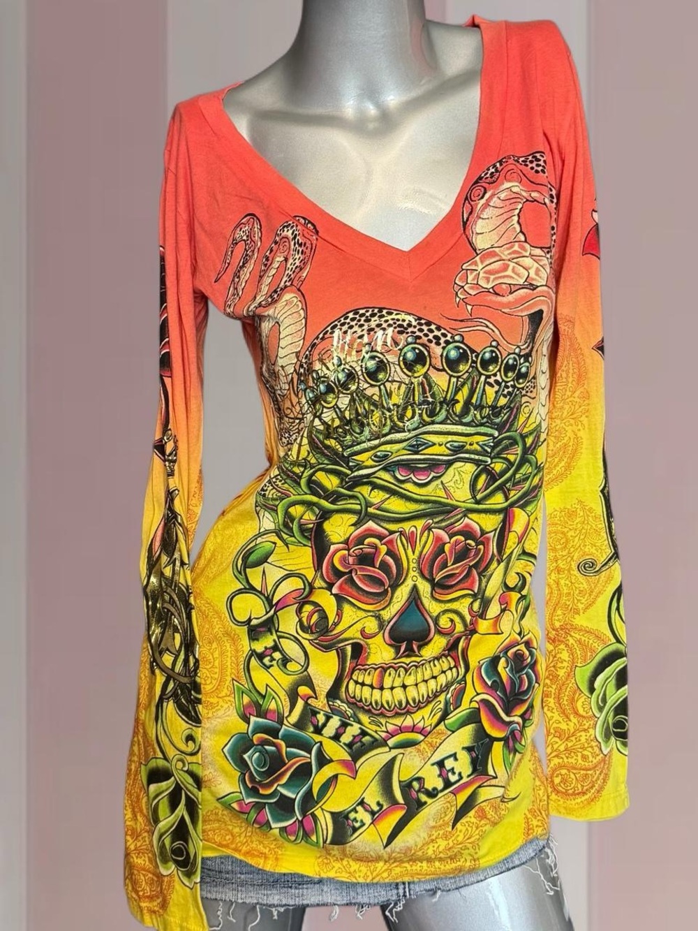 Christian Audigier Y2K Skull Long Sleeve Shirt